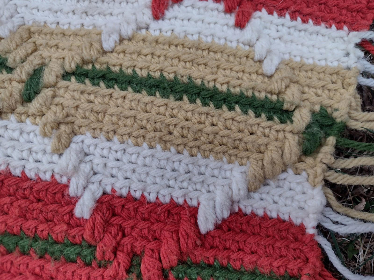 Vintage 70s Hand Crochet Throw 48x58 Retro Stripe Diamond Stitch Fringe Afghan
