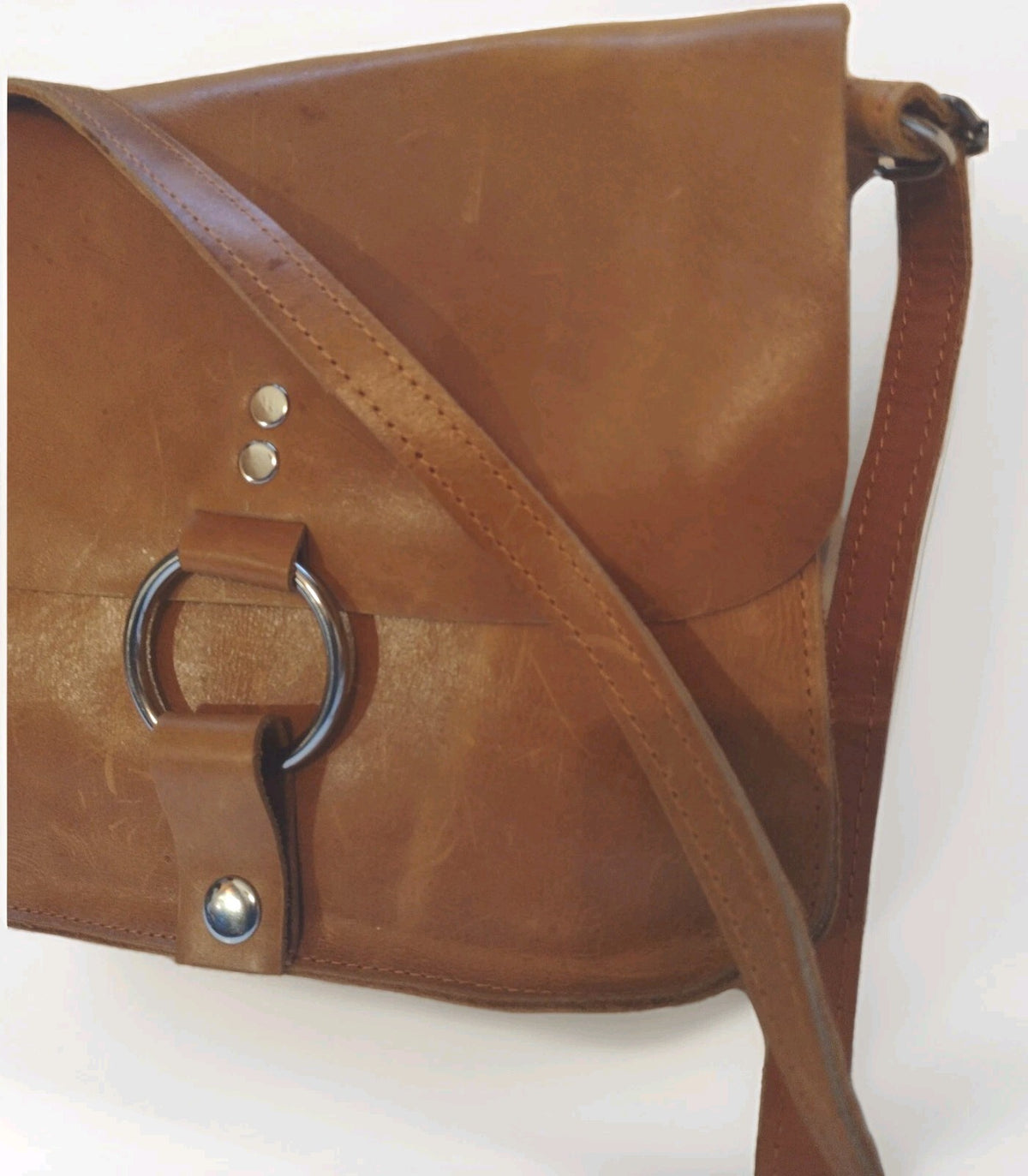 Boho Cognac Leather Crossbody Bag Artisan O Ring Shoulder Purse Rustic