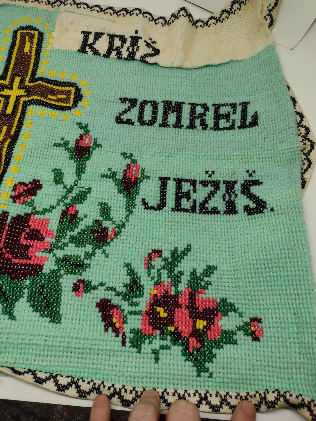 Vintage 40s Slovak Christian Needlepoint Holy Cross Jesus Roses Folk Art Textile