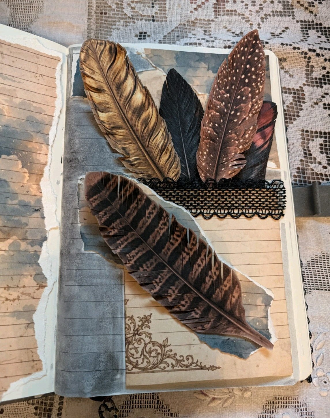 Hand Cut Feather Embellishments Set of 6 Junk Journal Ephemera 32 Designs Gothic