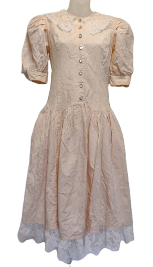 Vintage 80s Joni Blair Dress Peach Lace Puff Sleeve Prairie Cottagecore Sz 5/6