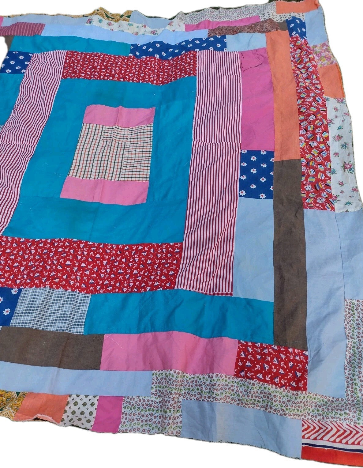 Vintage 80s Handmade Scrap Quilt Top 86x82 Make Do Patchwork Folk Art Textile