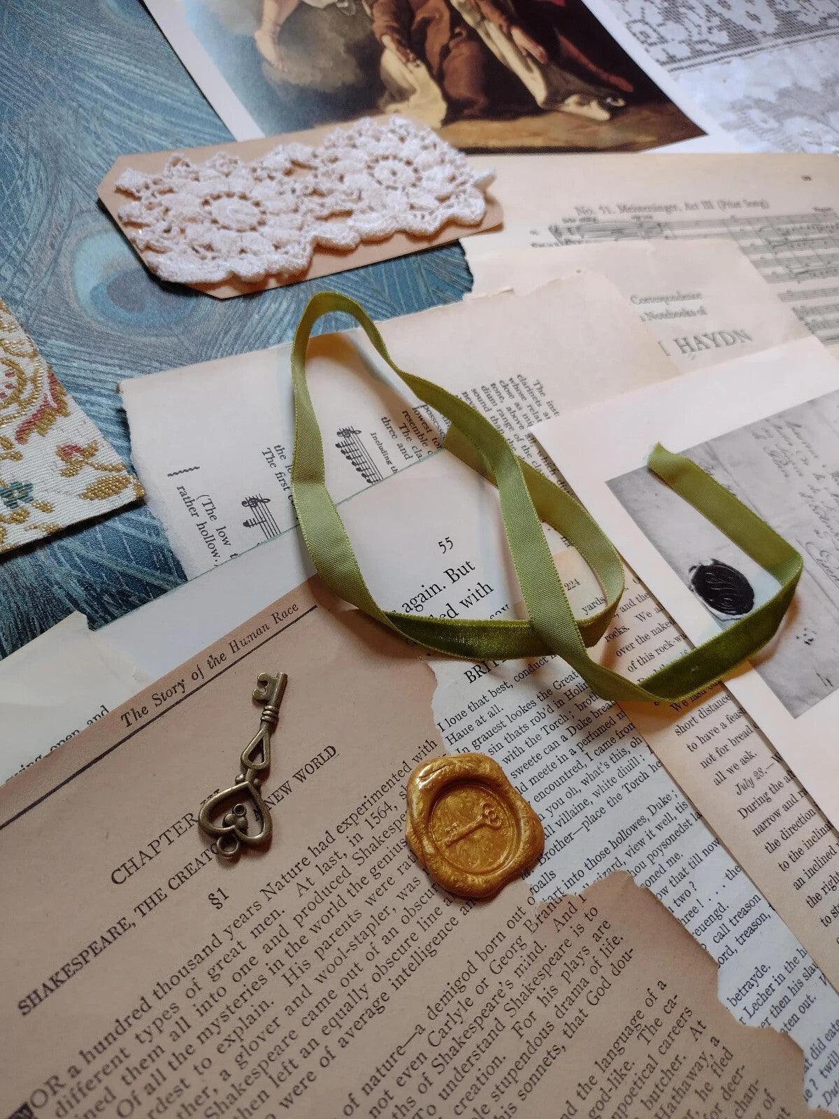 Victorian Peacock Ephemera Pack Vintage Book Pages Textiles Junk Journal Collage