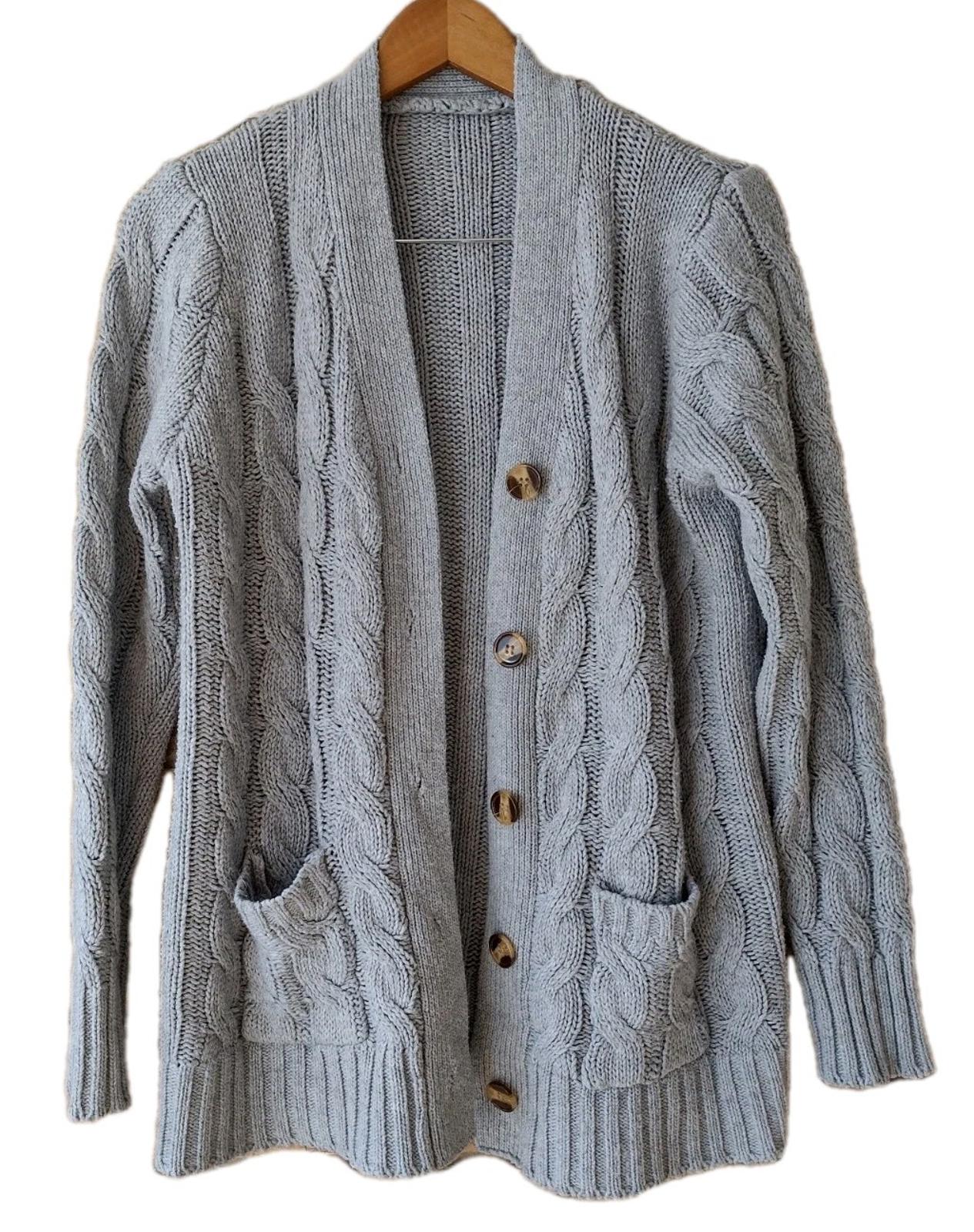 Hand Knit Gray Cable Knit Sweater Wool Blend Artisan Made Chunky Fisherman M/L