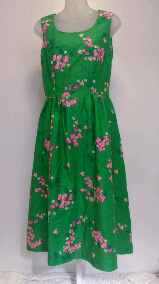 VTG  70s Cottagecore Green Floral Midi Dress Malia Honolulu Fit Flare Cotton 10