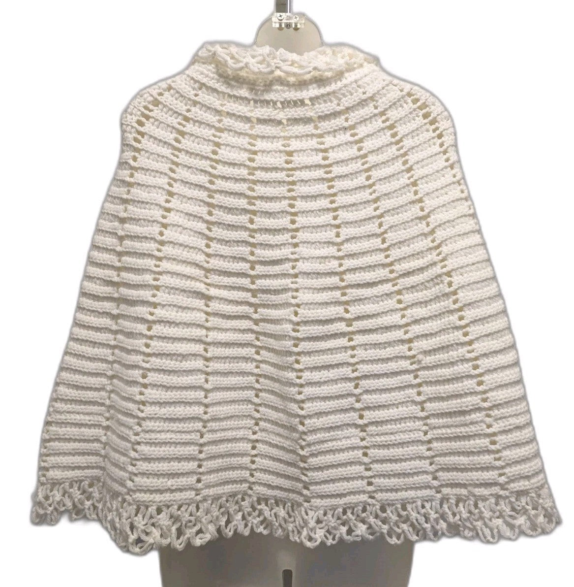 Vintage Hand Crocheted Cape White Scalloped Ruffle Collar Button Arm Slit OSFM