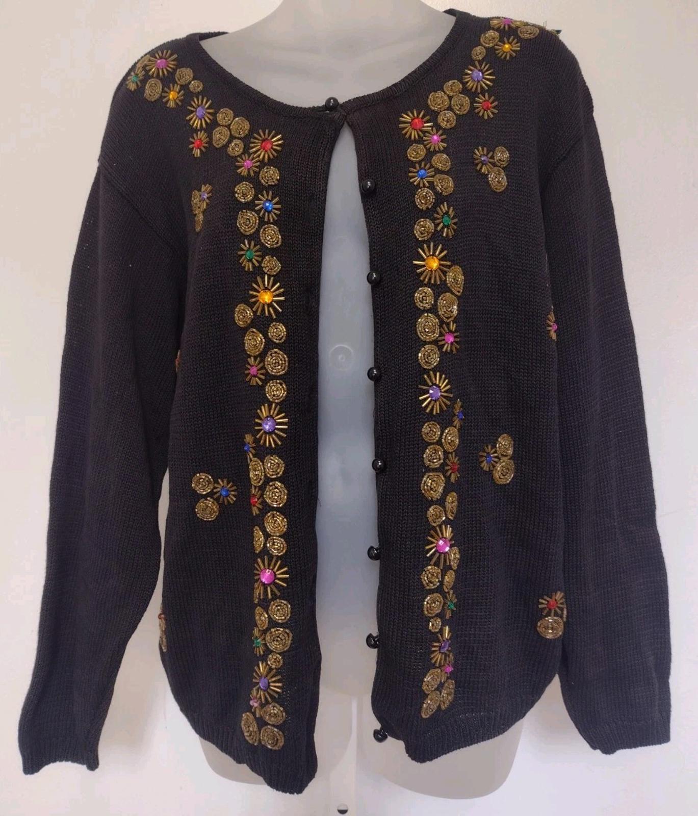 Vintage Trimmings Ramie Cotton Beaded Cardigan Sweater M Black Embellished