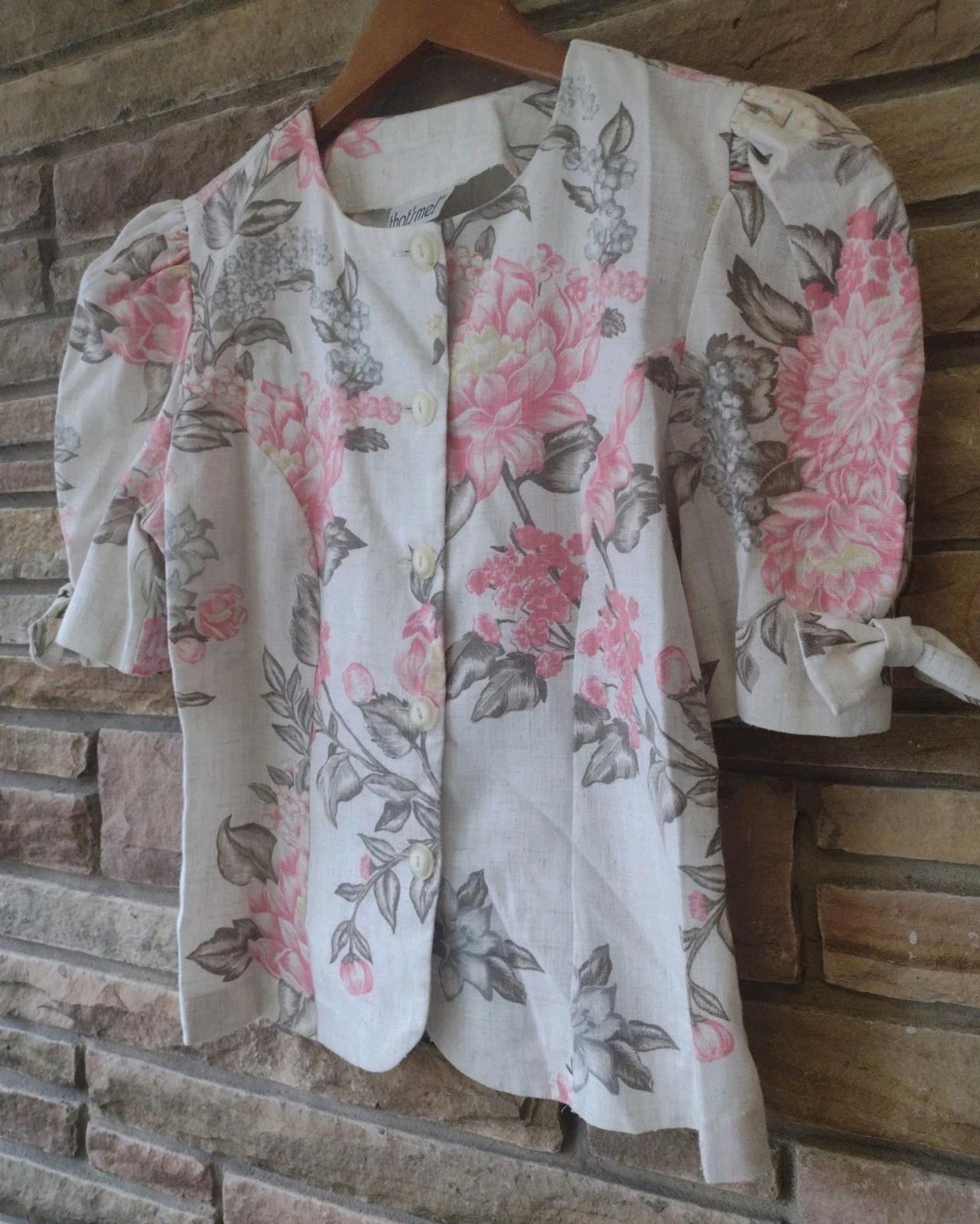 VTG 80s Cropped Floral Jacket Button Front Top Puff Sleeves Bow Flax Blend 3/4