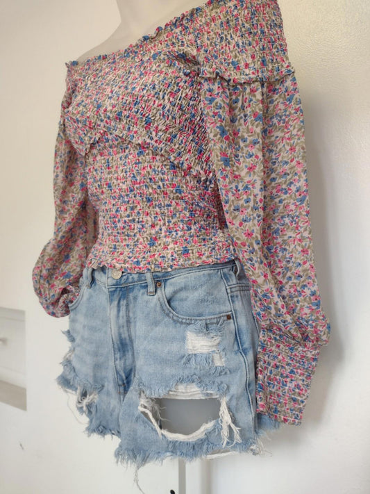 BB Dakota Steve Madden Y2K Elastic Bandage Floral Top Sheer Sleeves Sz S