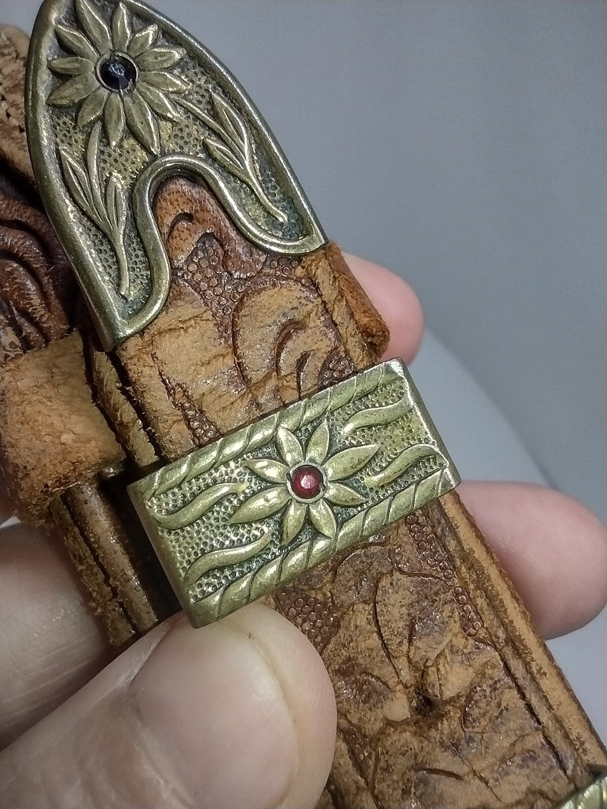 Vintage 80s Justin Western Ranger Belt Tooled Leather Brass Floral Red Stones 30