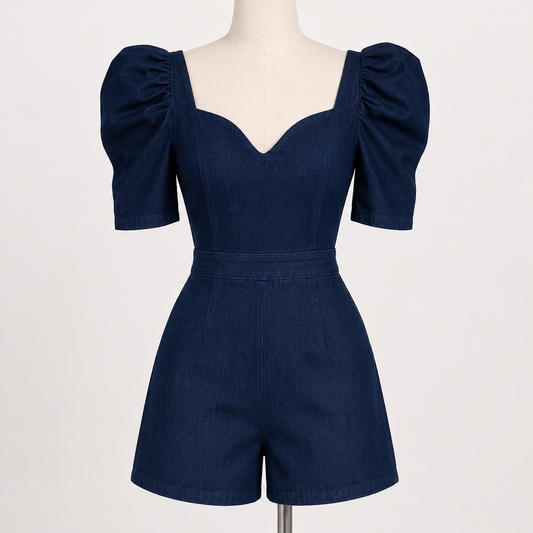 A dark blue denim romper with puff sleeves and a sweetheart neckline, displayed on a cream mannequin torso against a light off-white background.