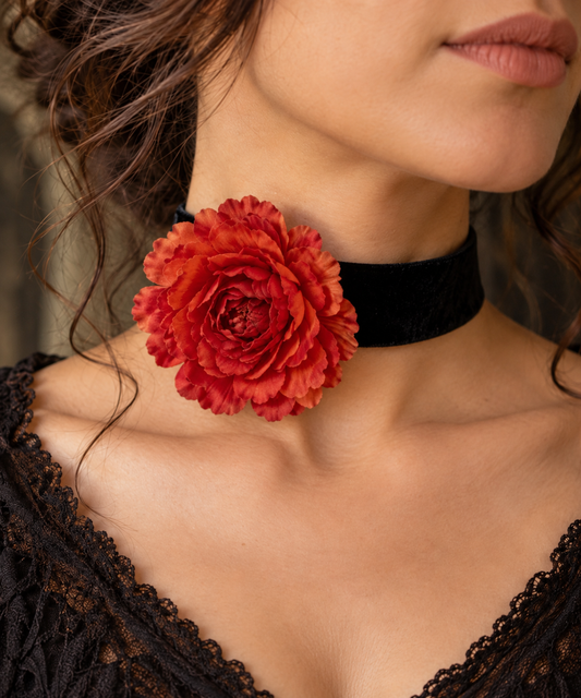 Vintage Inspired Women's Velvet Choker Necklace Orange Red Peony Victorian Romantic