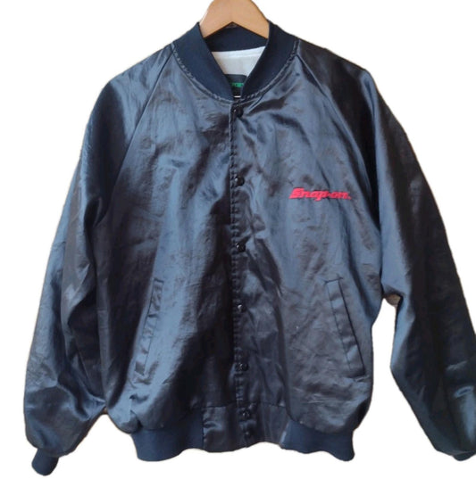 VTG 80s Snap‑On Tools Black Satin Bomber Jacket L Bridgeport USA Nylon