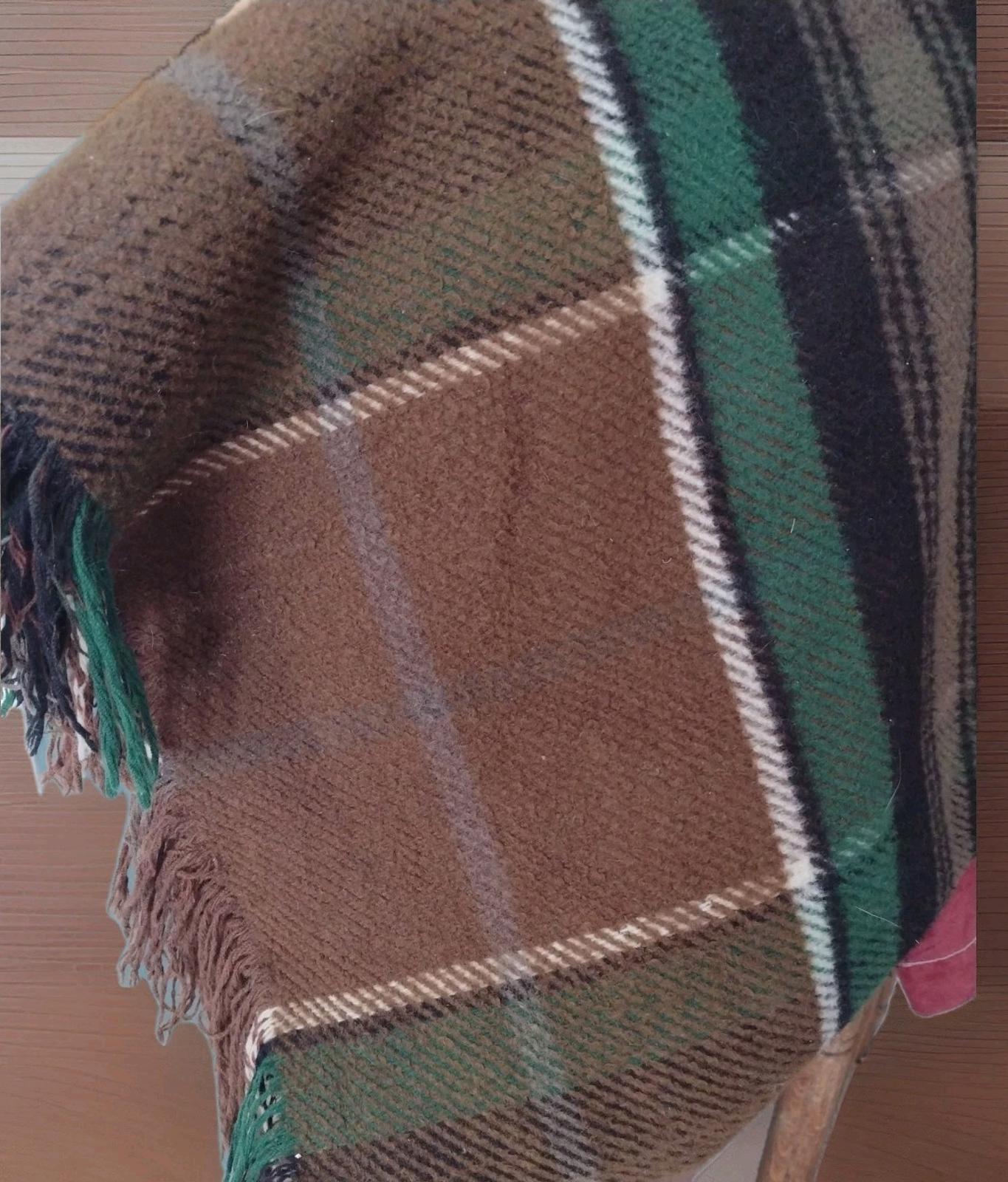 VTG 70s Wool Plaid Stadium Blanket Brown Green Double Cloth Fringe Monogram S