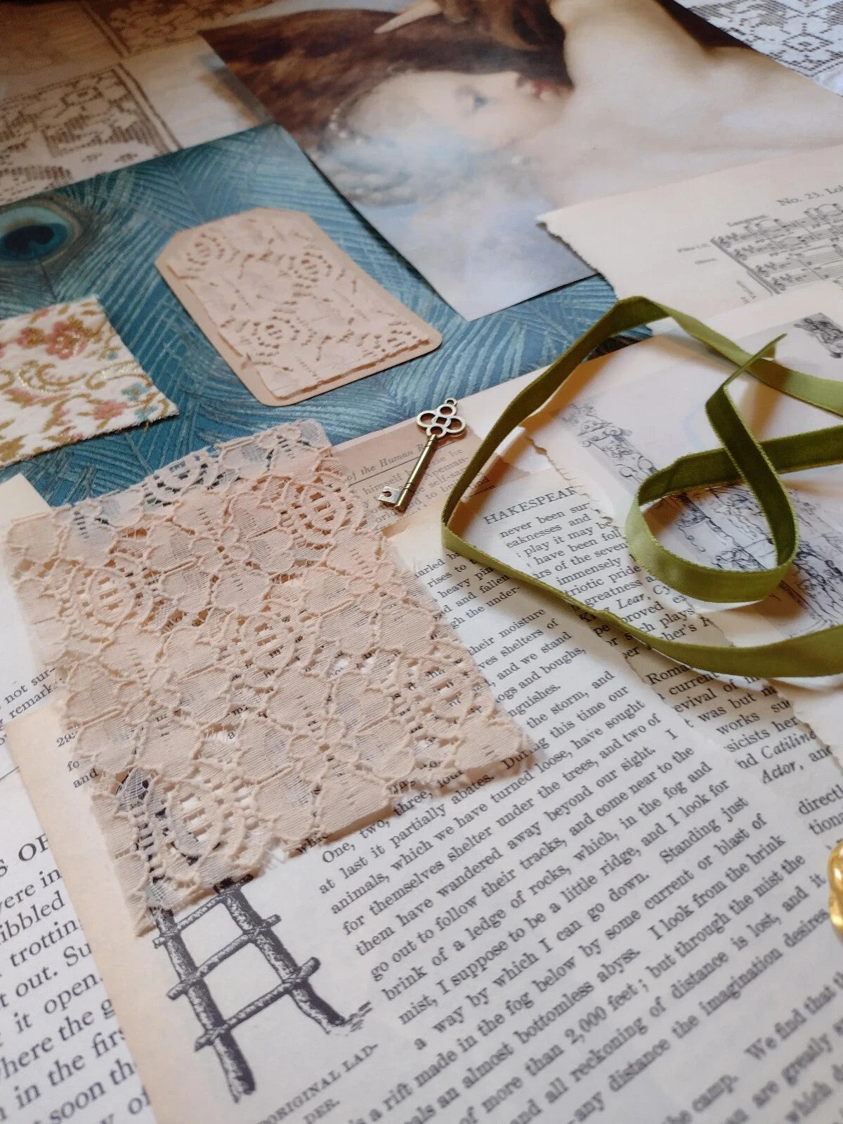 Victorian Peacock Ephemera Pack Vintage Book Pages Textiles Junk Journal Collage