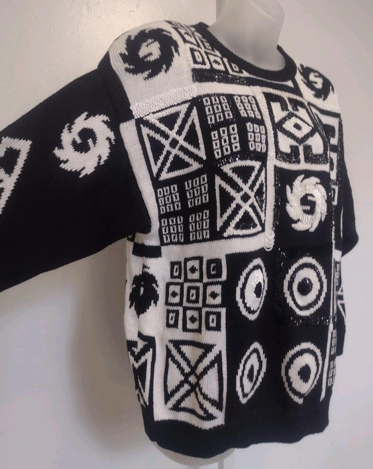 1991 IB Diffusion Black White Geometric Beaded Sequin Sweater M Ramie Cotton