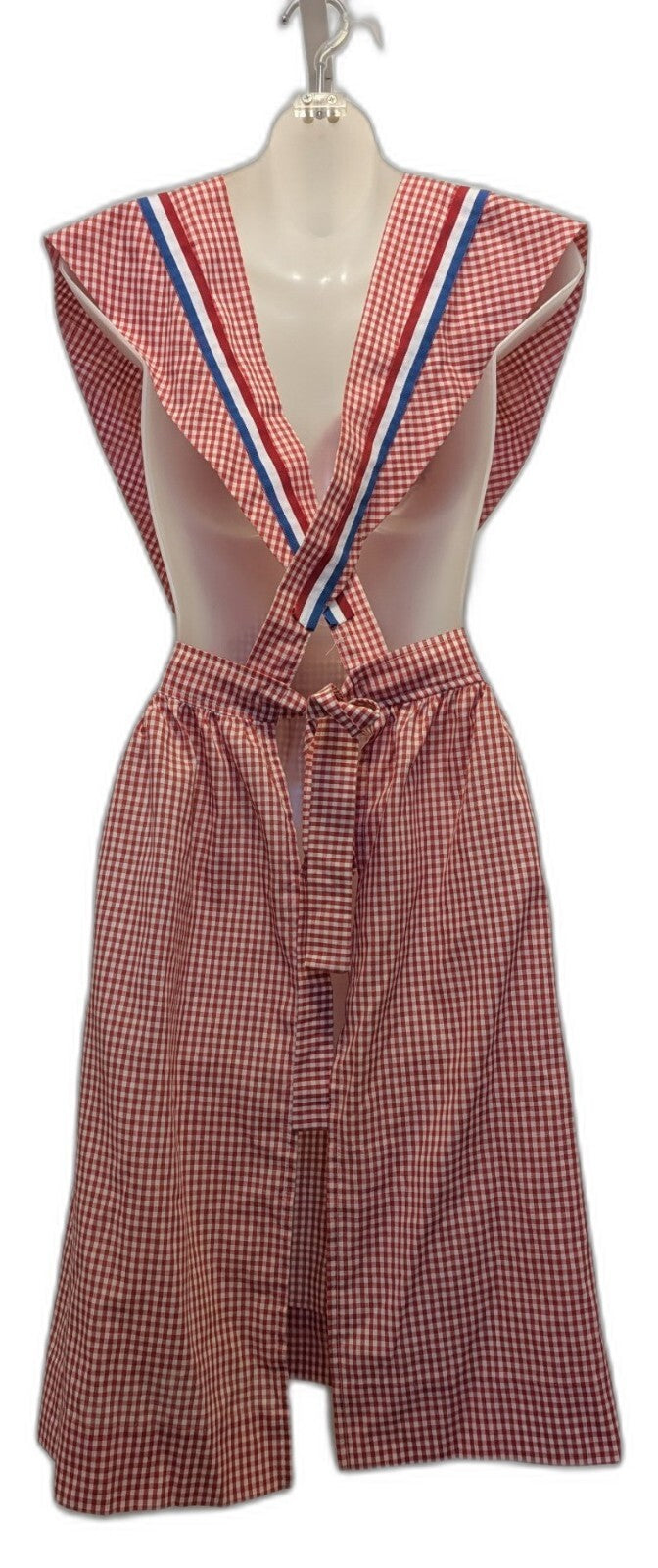 Vintage 70s Handmade Red Gingham Pinafore Apron Dress RWB Ribbon Bicentennial
