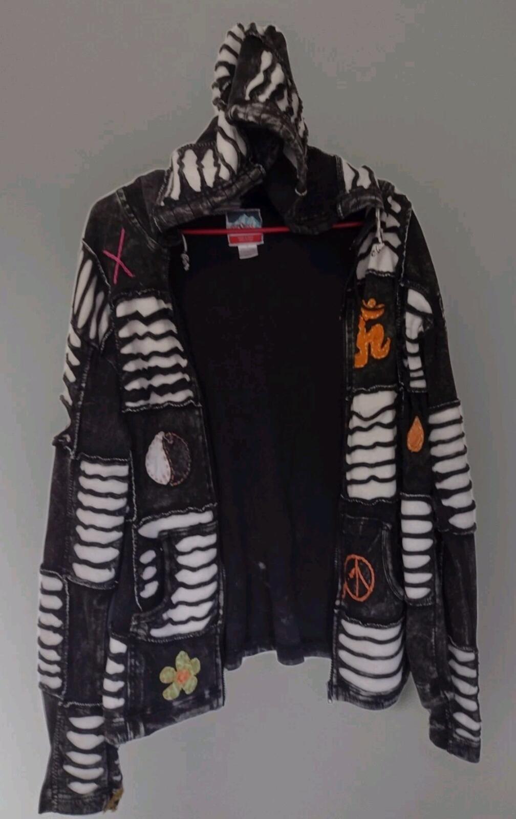 Gray Black Stonewashed Slashed Patchwork Pixie Hooded Jacket Sz XXL