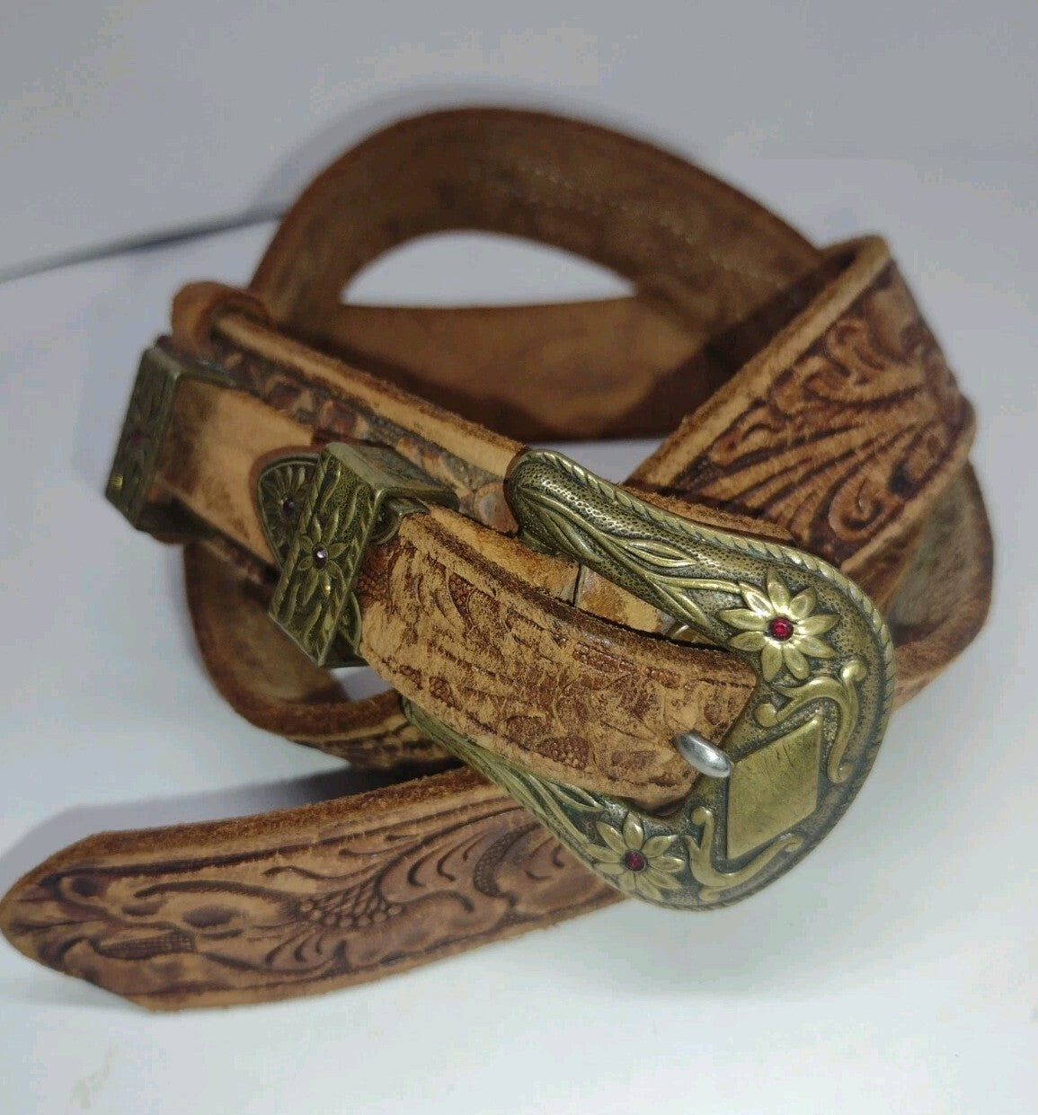 Vintage 80s Justin Western Ranger Belt Tooled Leather Brass Floral Red Stones 30