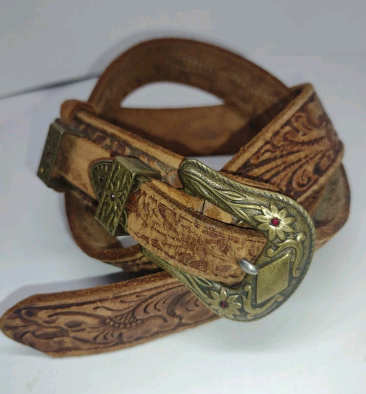Vintage 80s Justin Western Ranger Belt Tooled Leather Brass Floral Red Stones 30