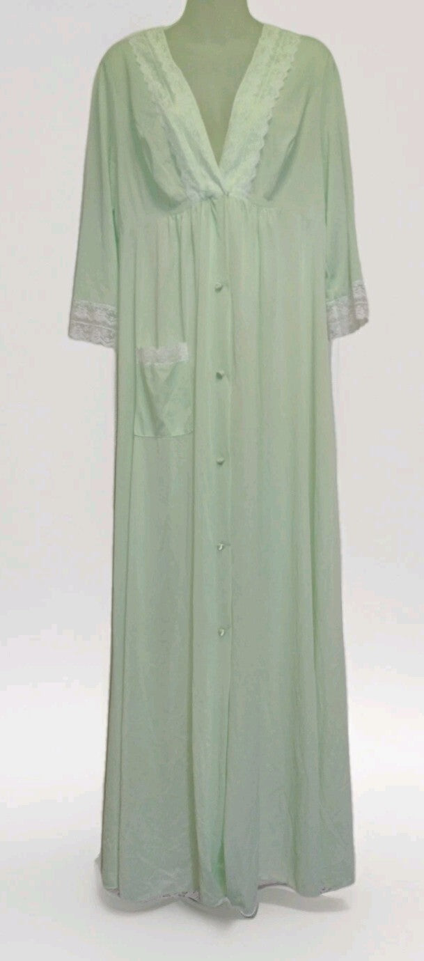 Vintage Shadowline Maxi Robe Large Pistachio Green Nylon Lace Made USA 57"