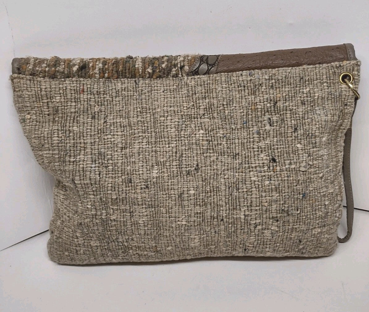 Y2K Boho Patchwork Wristlet Clutch Textured Woven Suede Look Neutral Handbag