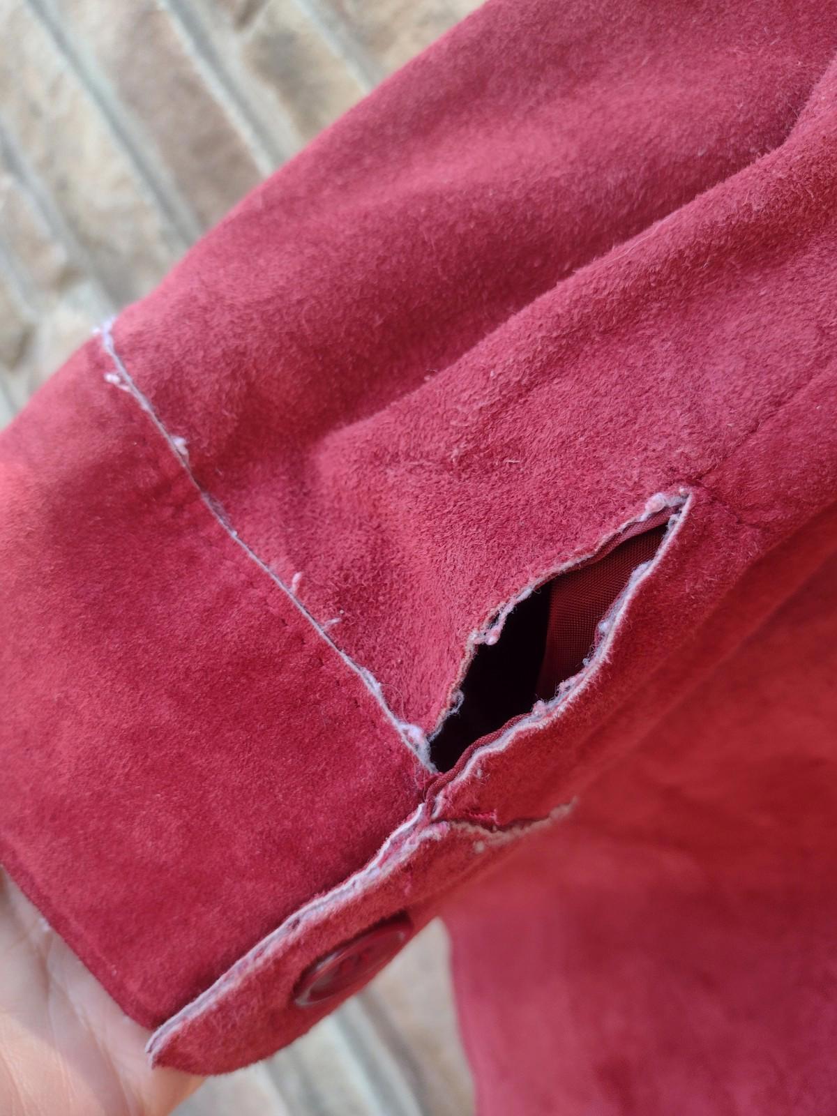 Vintage 90s Dark Red Suede Leather Patchwork Jacket L Boho Raw Edge Excellent