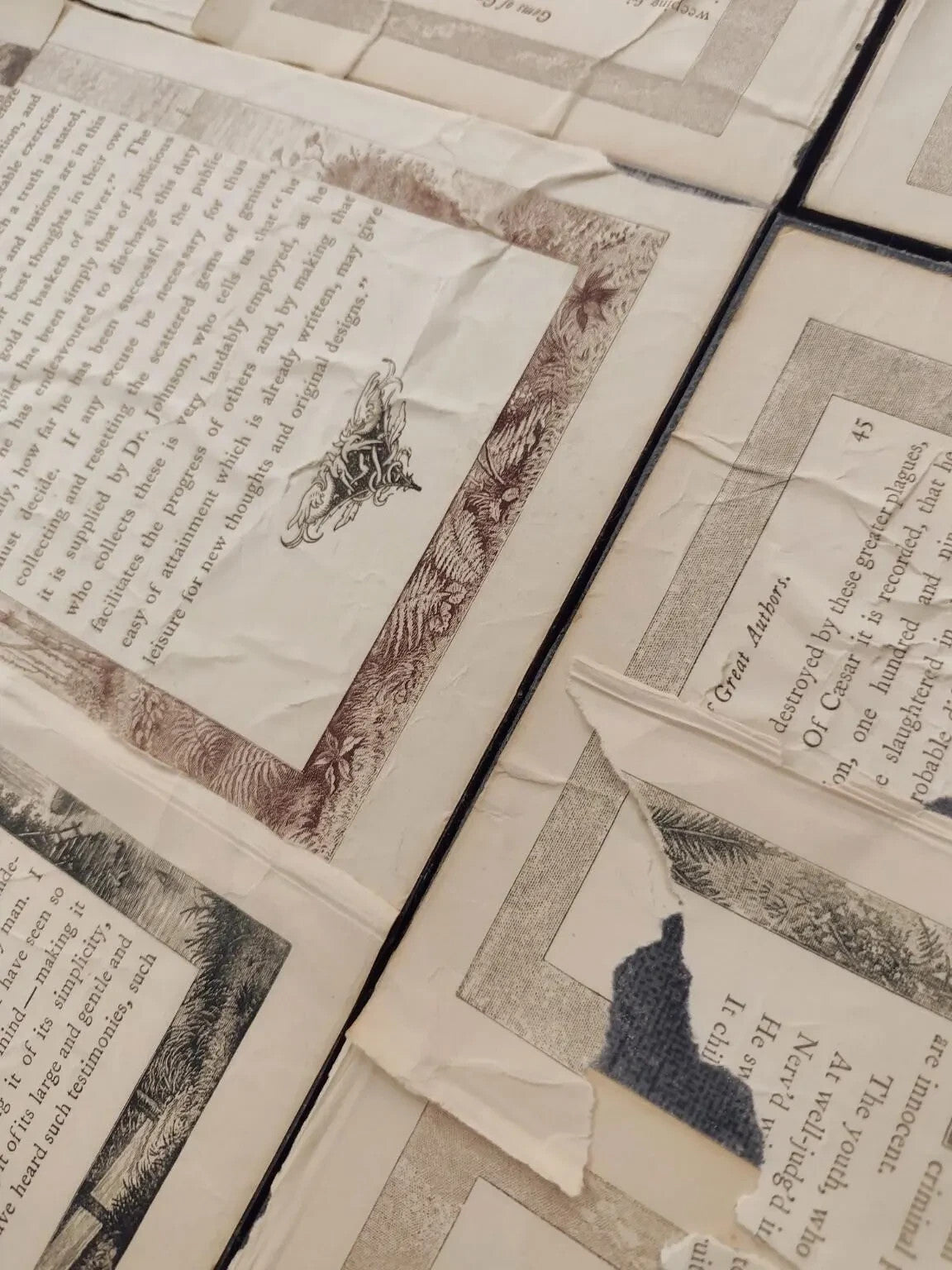 Antique Book Page Wall Art Set of 6, 12x12 Archive Panels, Dark Academia Vintage