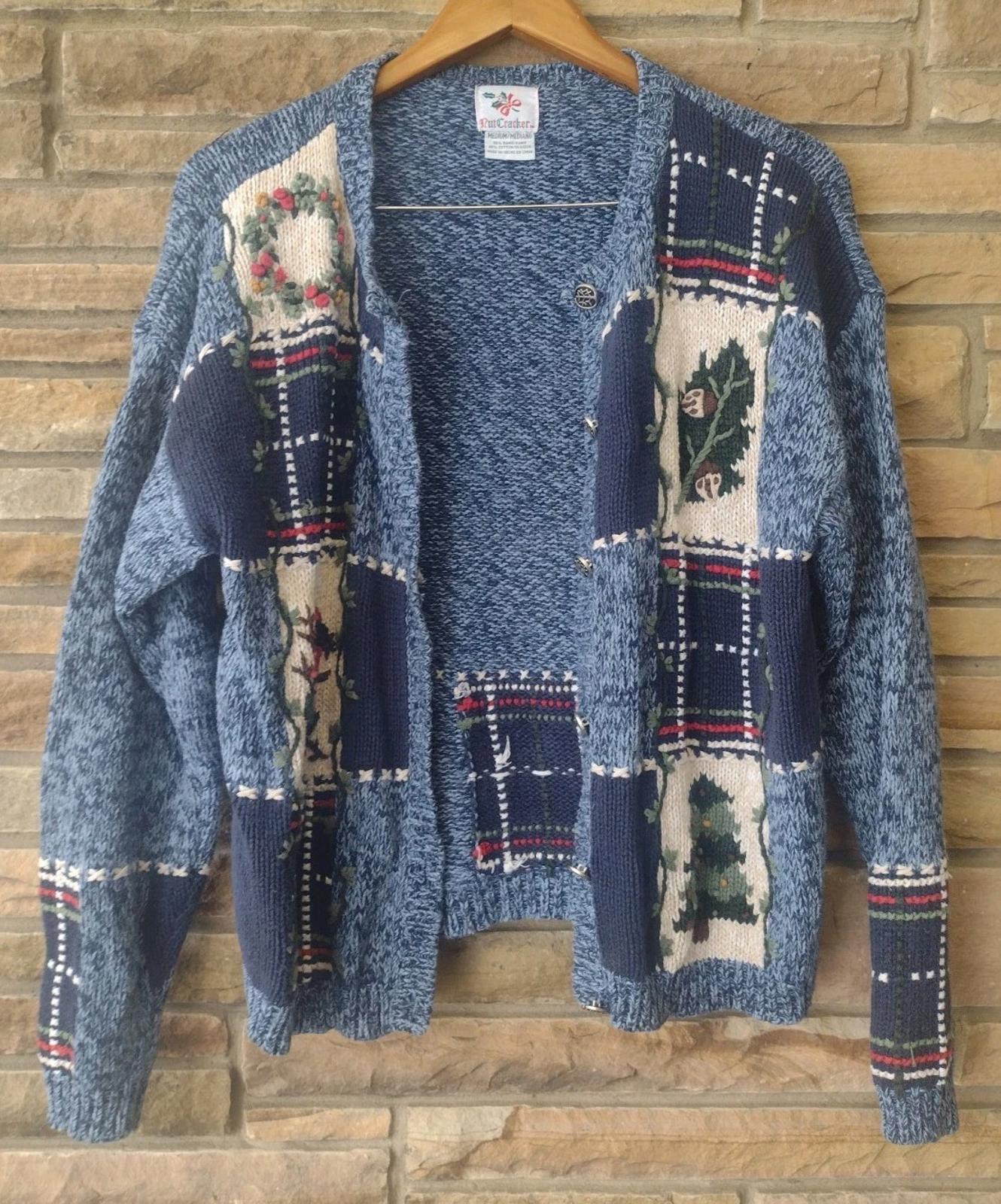 Nutcracker Ramie Cotton Blue Patchwork Cardinal Holiday Sweater Medium