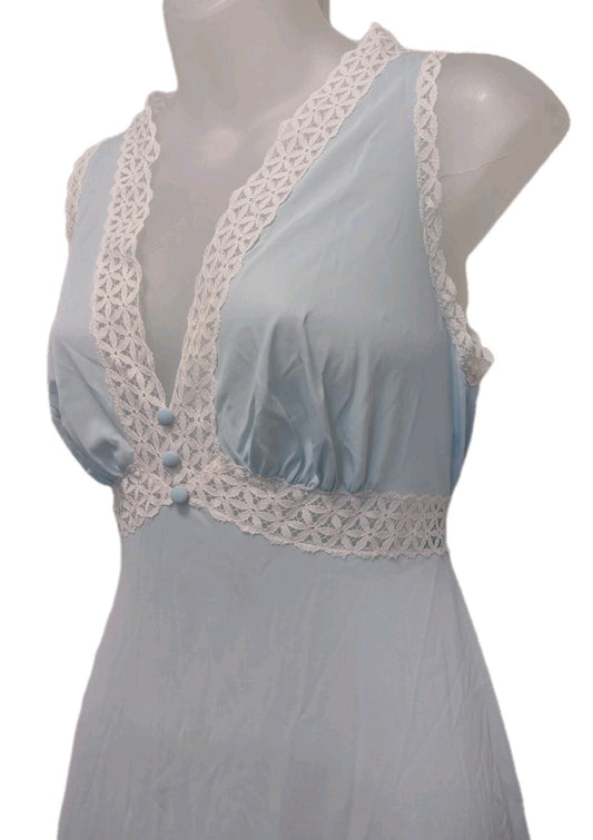 Nightgown Vintage 70s Vanity Fair 34 Blue Nylon Lace Maxi Bridal Cottagecore