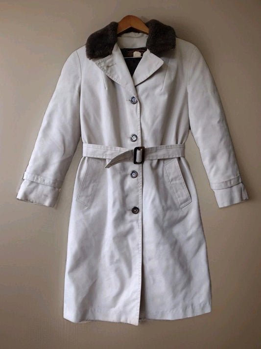 VTG 80s Eddie Bauer Goose Down Trench Coat Sz 8 Shearling Collar Ducks Lining