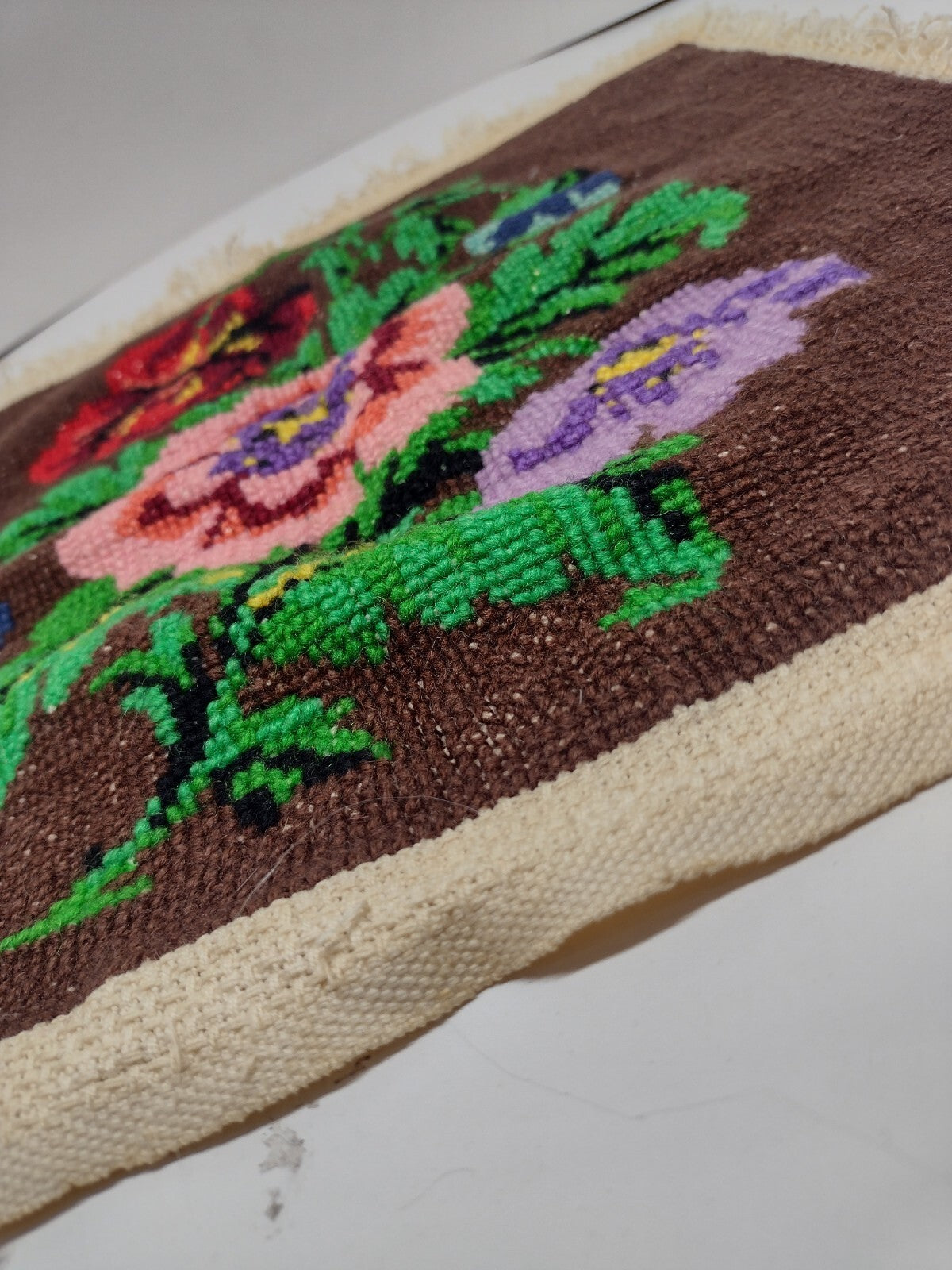 Vintage 60s 70s Floral Needlepoint Tapestry Folk Art Fringed Textile Panel
