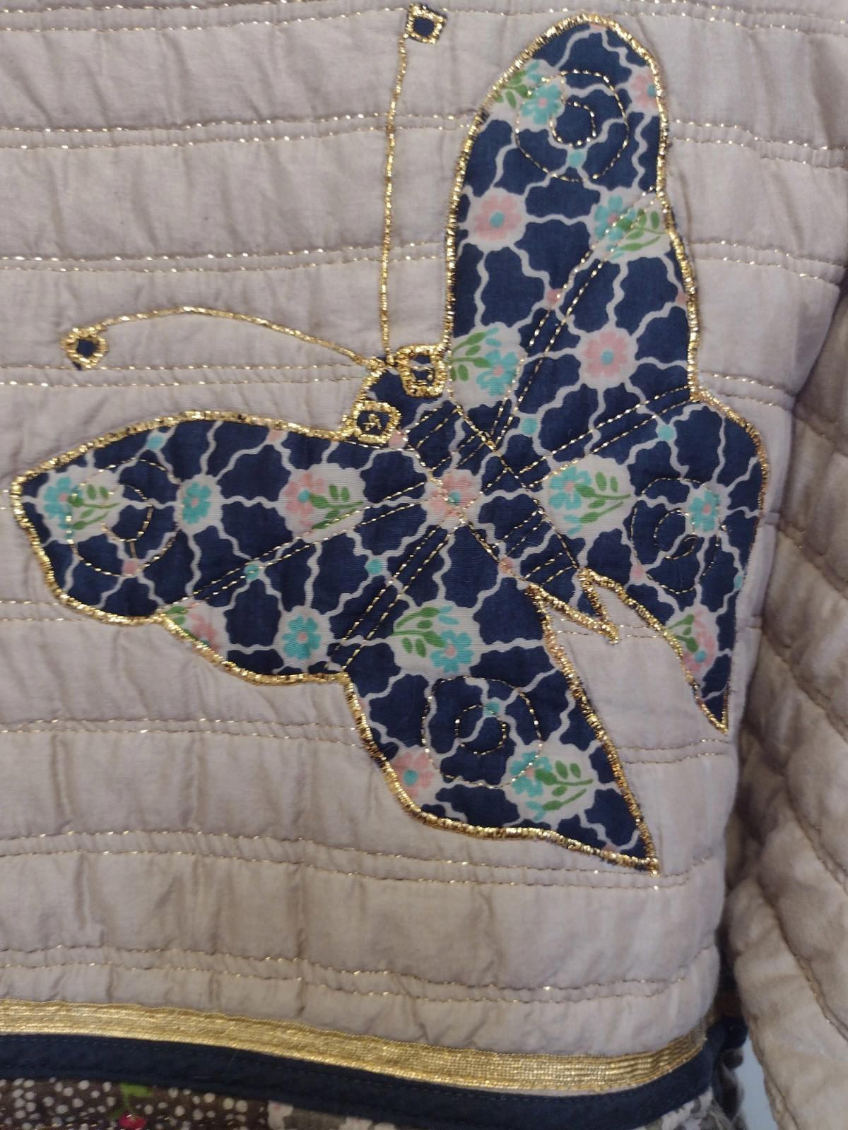 Vintage 70s Thai Lines Bangkok Quilted Butterfly Jacket M Hand Screened Cotton