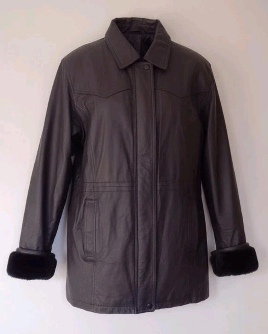 Vintage Etienne L Black Leather Jacket Quilted Lining Brass Zip Faux Fur Cuffs
