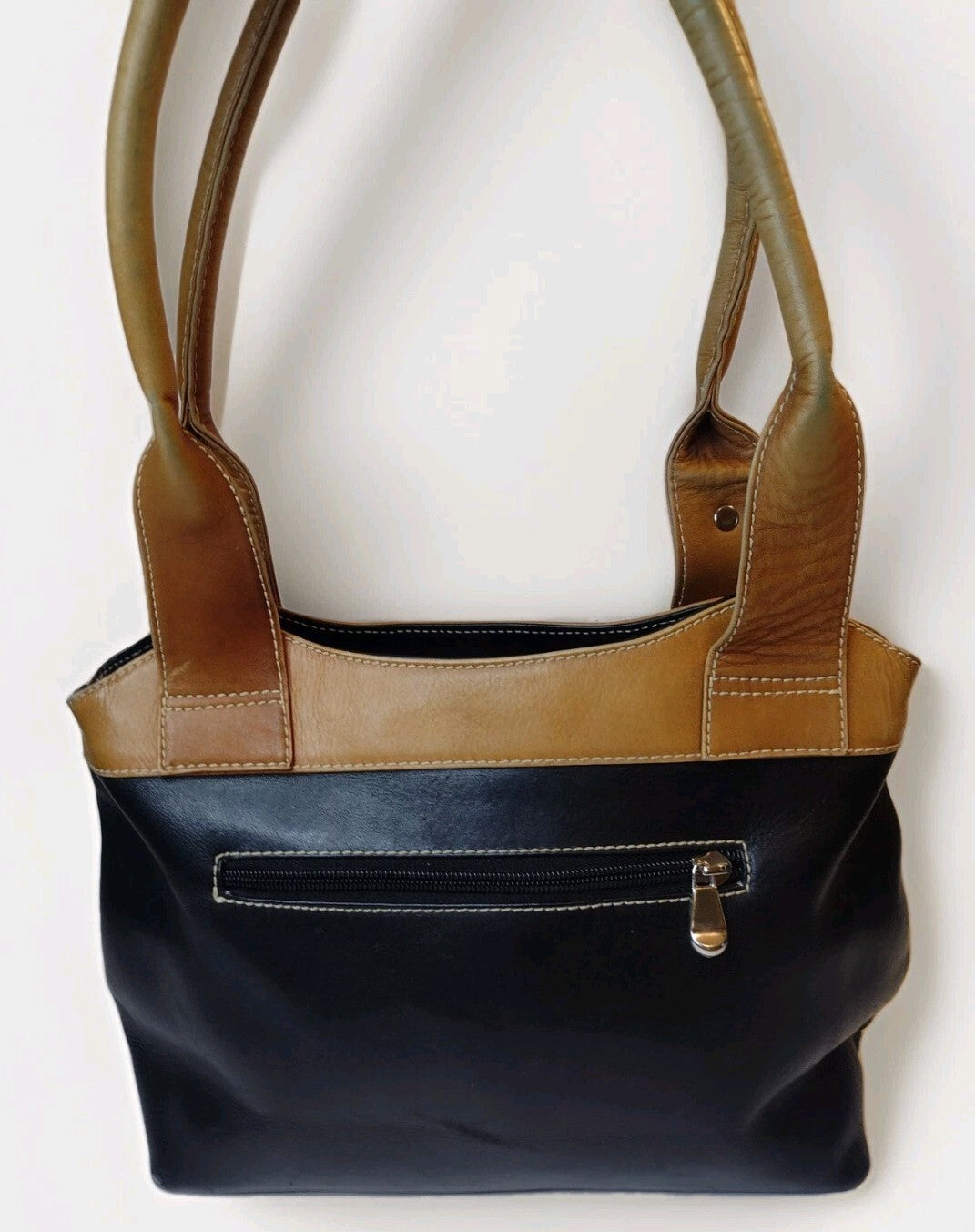 Genuine Leather Shoulder Tote Bag Black Tan Y2K Buckle Satchel Work Office Purse