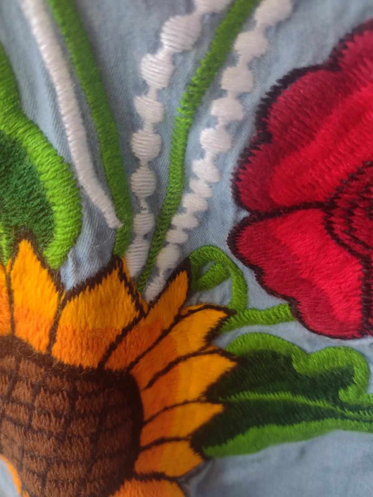 Vintage Denim Dress S/M Embroidered Sunflowers Roses Militaires Equipments