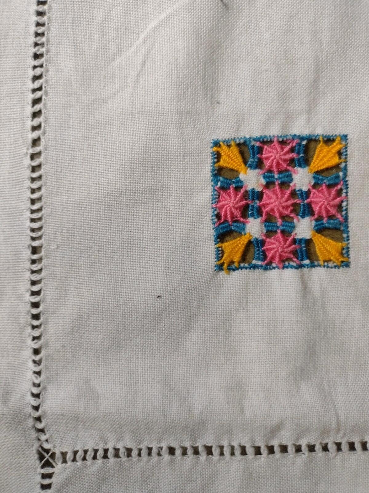 Vintage 40s Linen Tablecloth Napkins Set + PA Dutch Towel Embroidered Cutwork