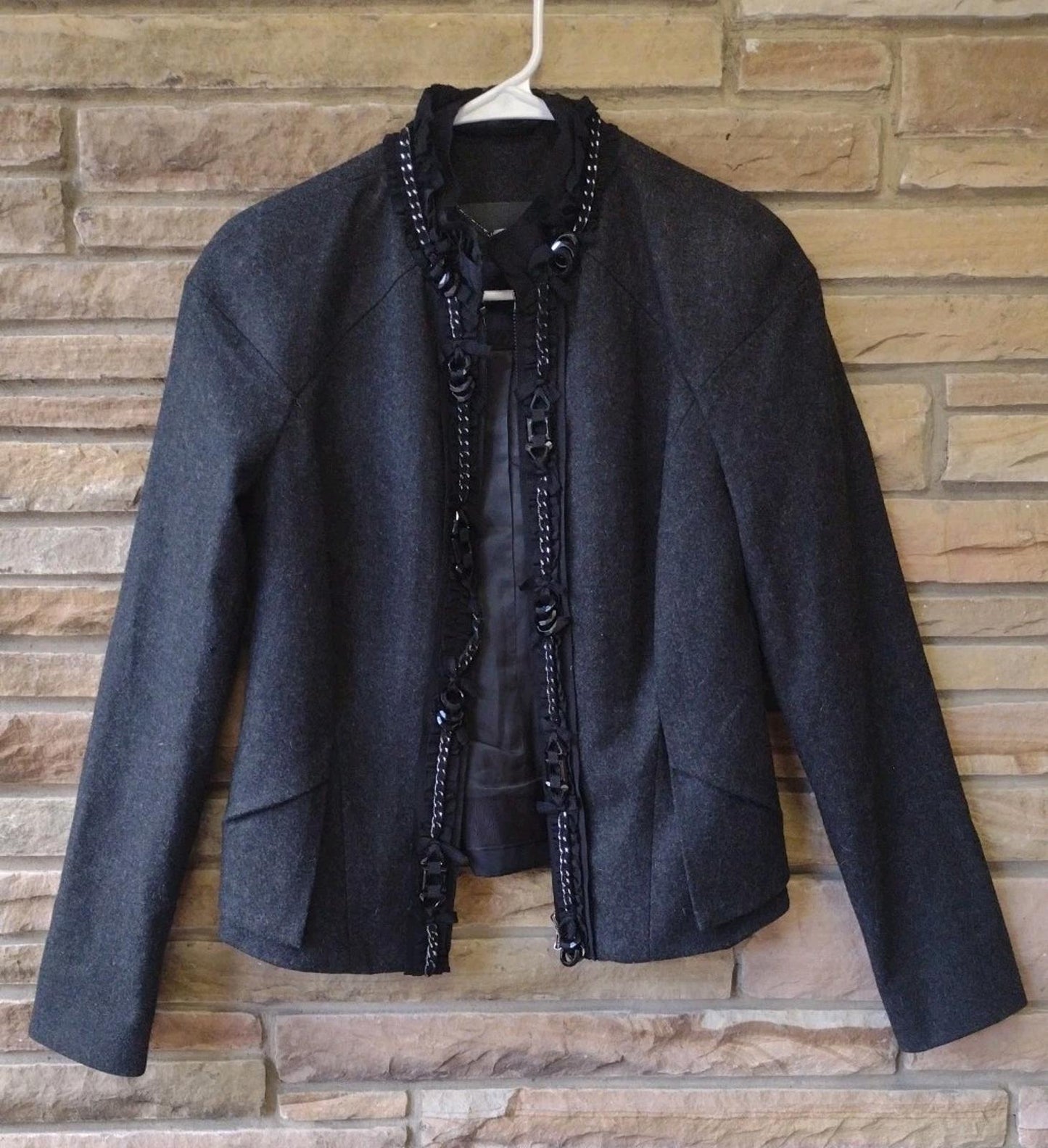 Magaschoni Wool Cashmere Jacket 8 Braided Lace Trim Flared Hem Morocco