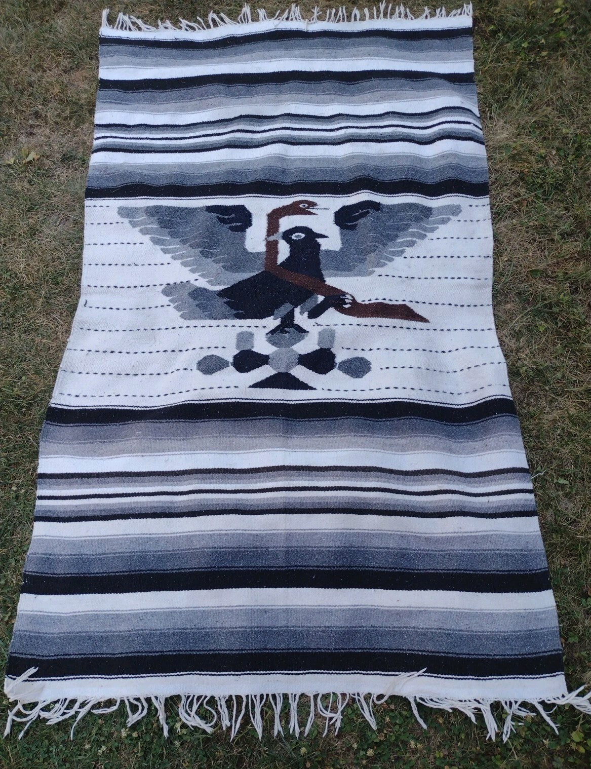 Vintage Mexican Handwoven Wool Blend Blanket Eagle Saltillo Serape Throw 76x42
