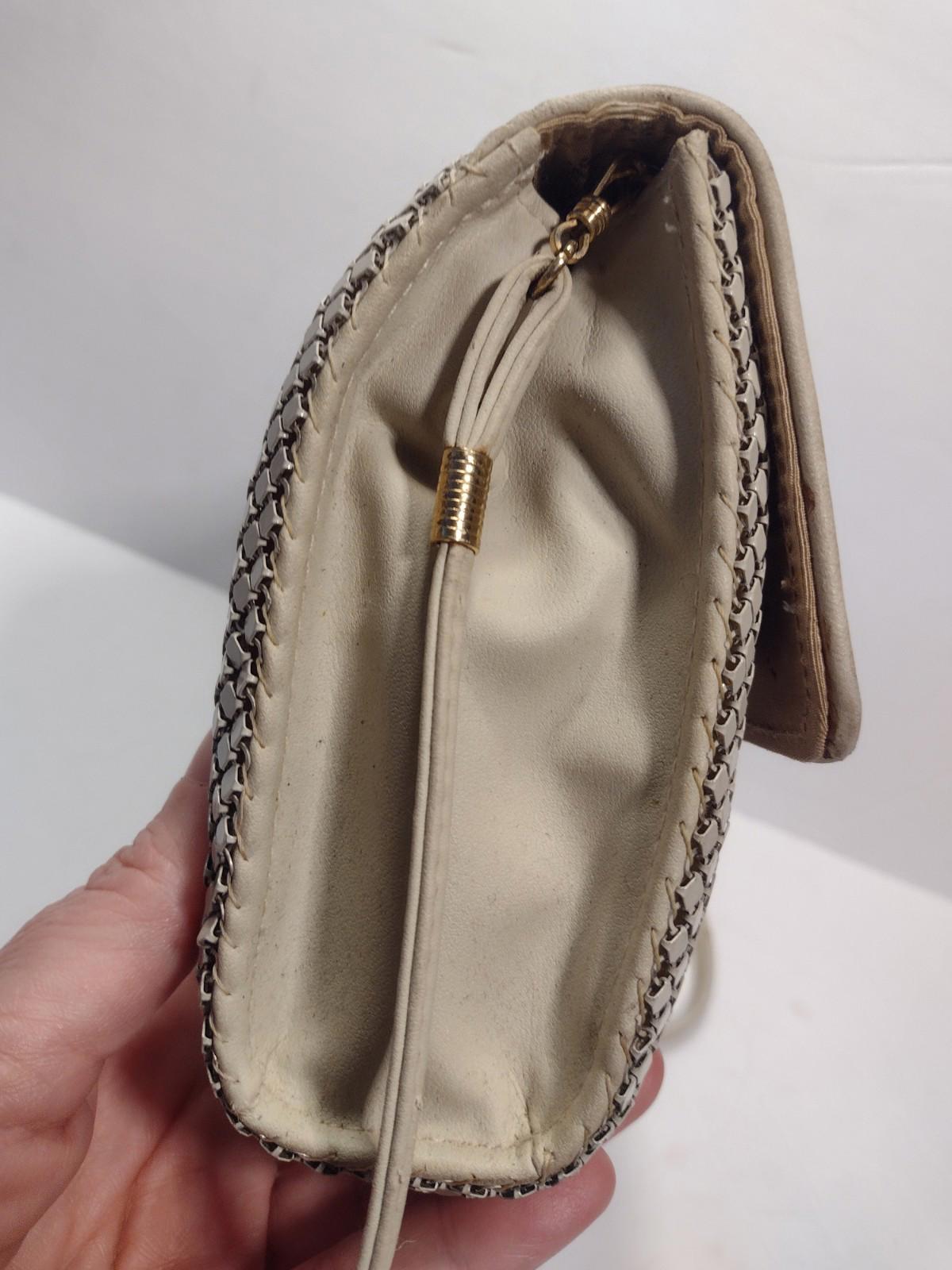 Vintage Whiting & Davis Mesh Clutch Shoulder Bag Beige Leather Hong Kong