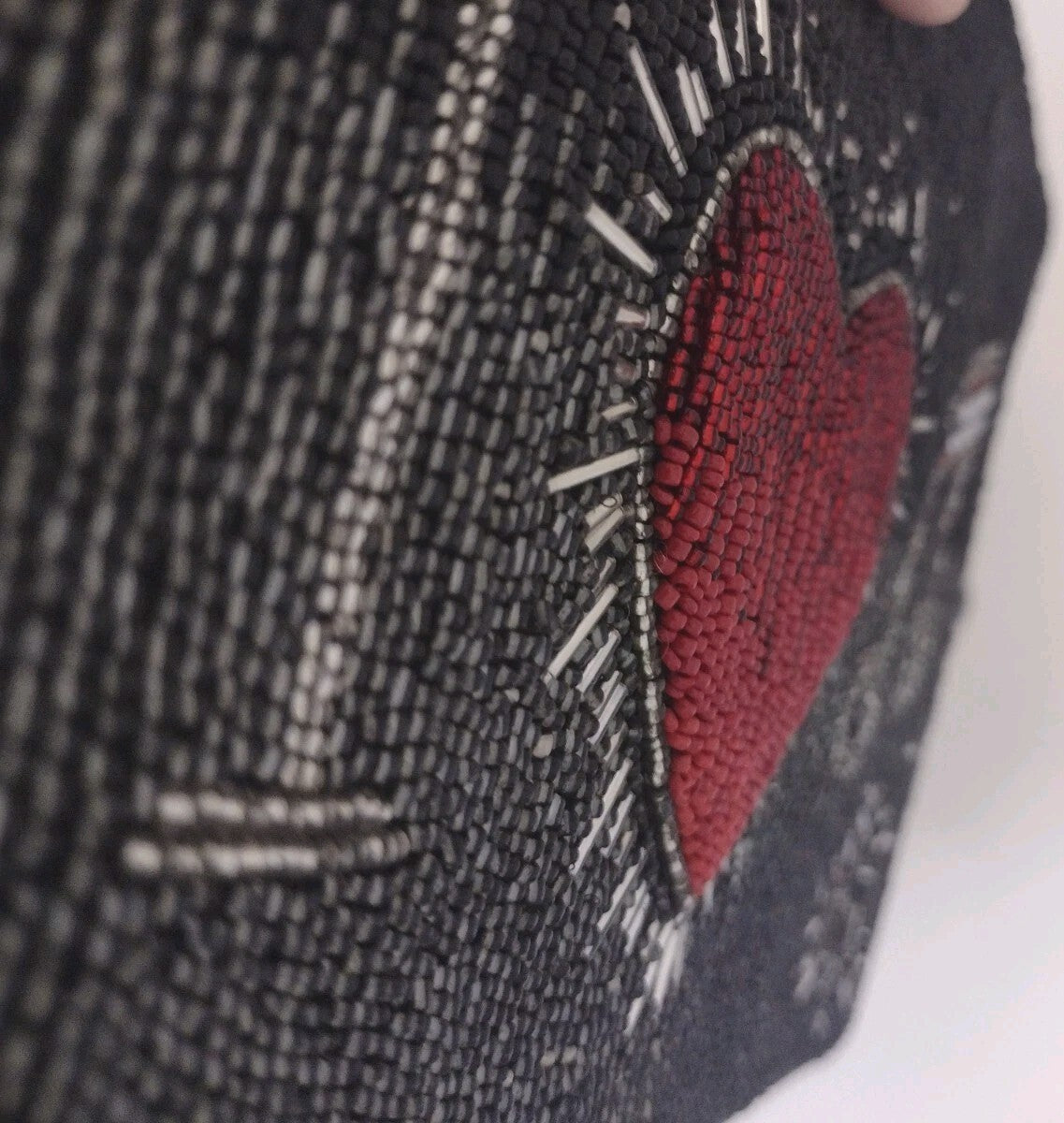 Mary Frances Womens Hand Beaded Crossbody Clutch Music Heart Black Red Bag