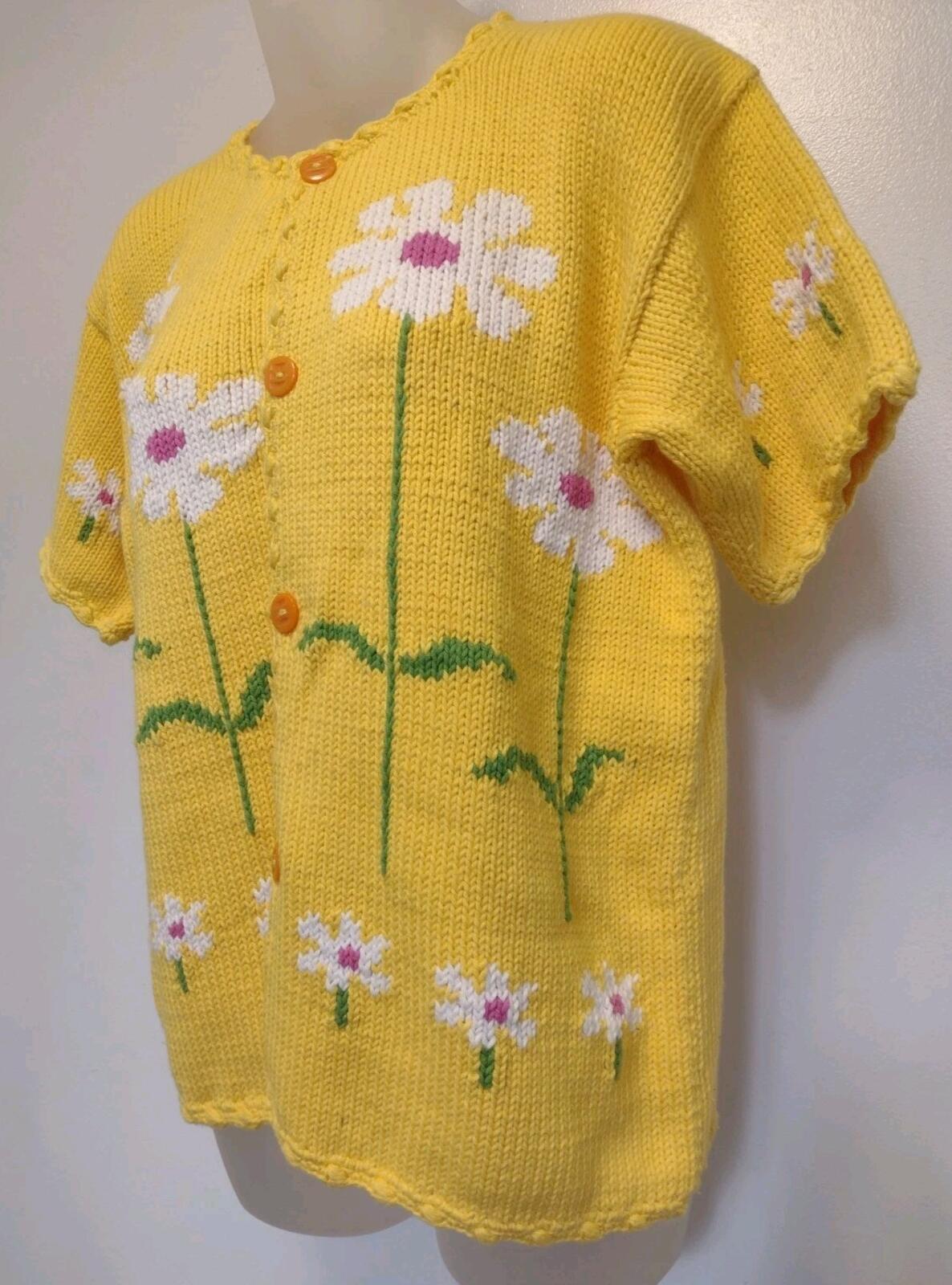 Rey Wear Hand Knit Bolivia Cotton Daisy Cardigan M Popcorn Stitch Yellow