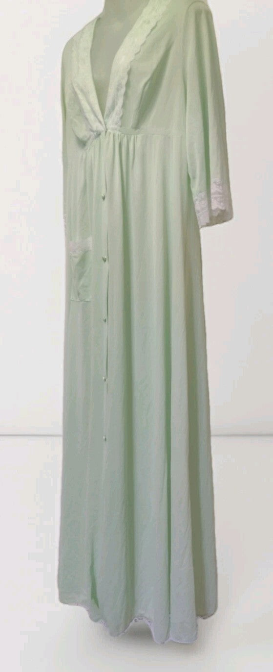 Vintage Shadowline Maxi Robe Large Pistachio Green Nylon Lace Made USA 57"