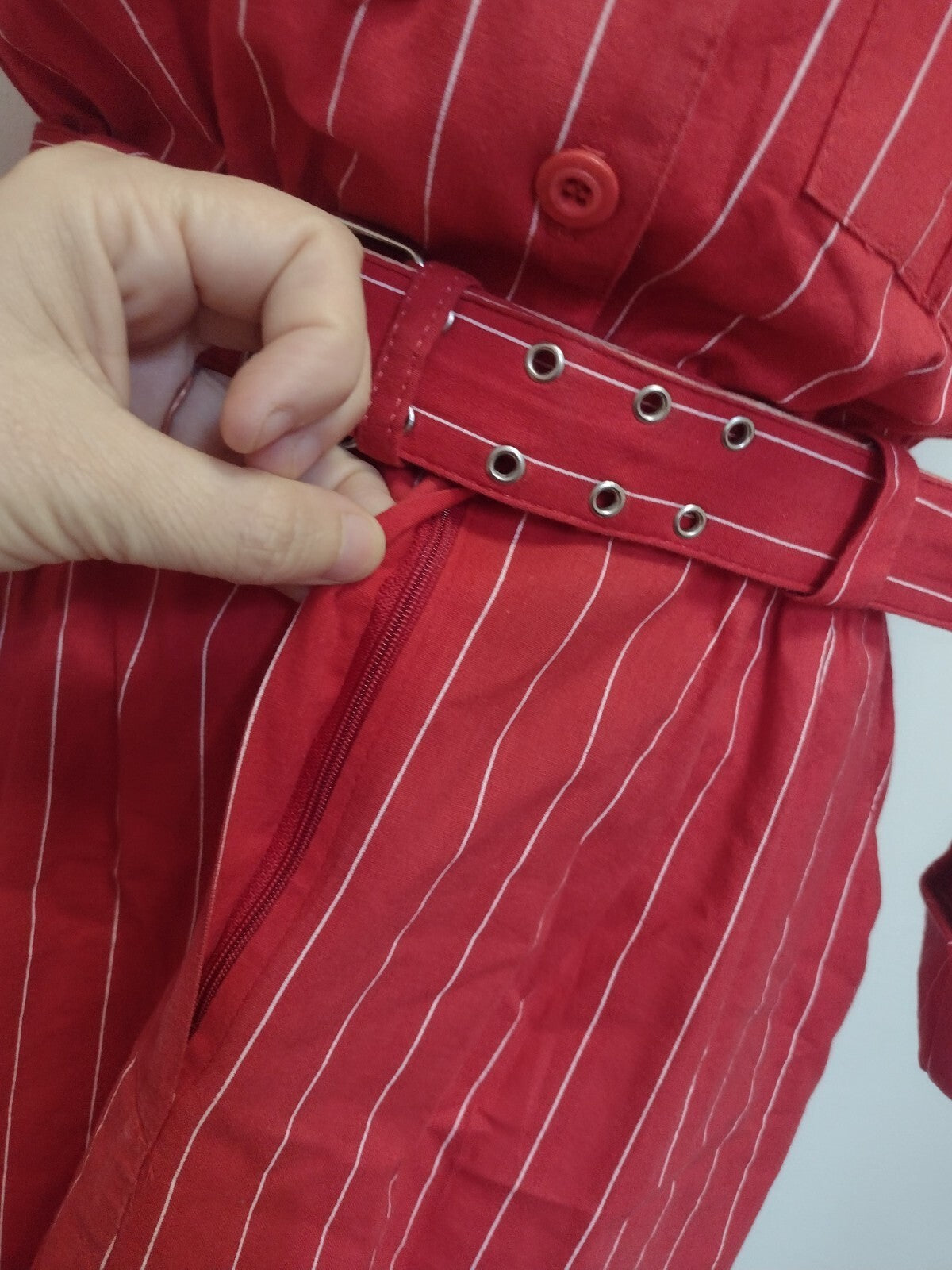 Vintage 1980s Womens Virgo II Dress Red Pinstripe Belted Power Dressing M/L