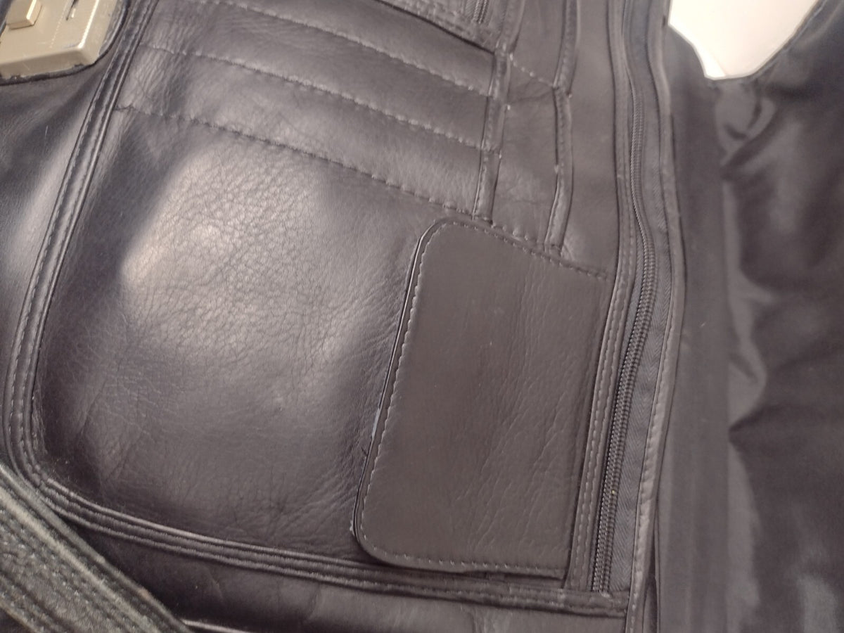 90s Black Genuine Leather Expandable Briefcase Amiet Swiss Lock Executive Bag