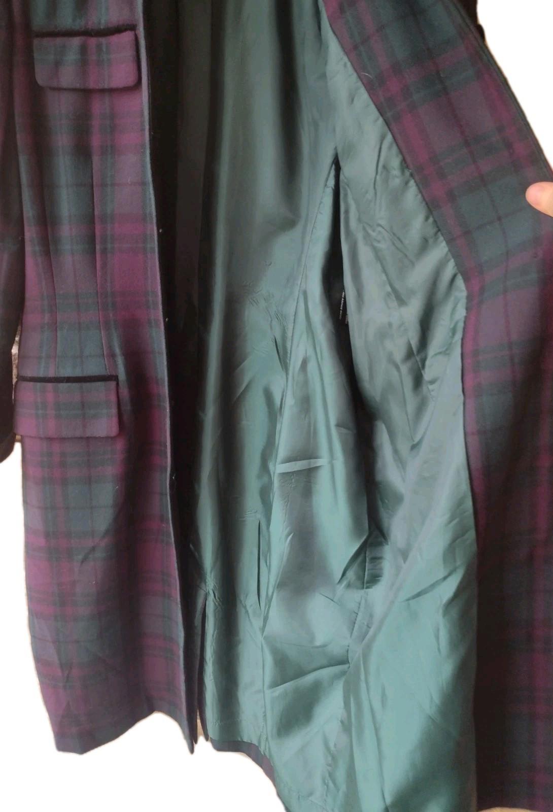 VTG Kasper ASL Petite Dress Coat Womens Green Plaid Flannel Velvet Collar Cuffs