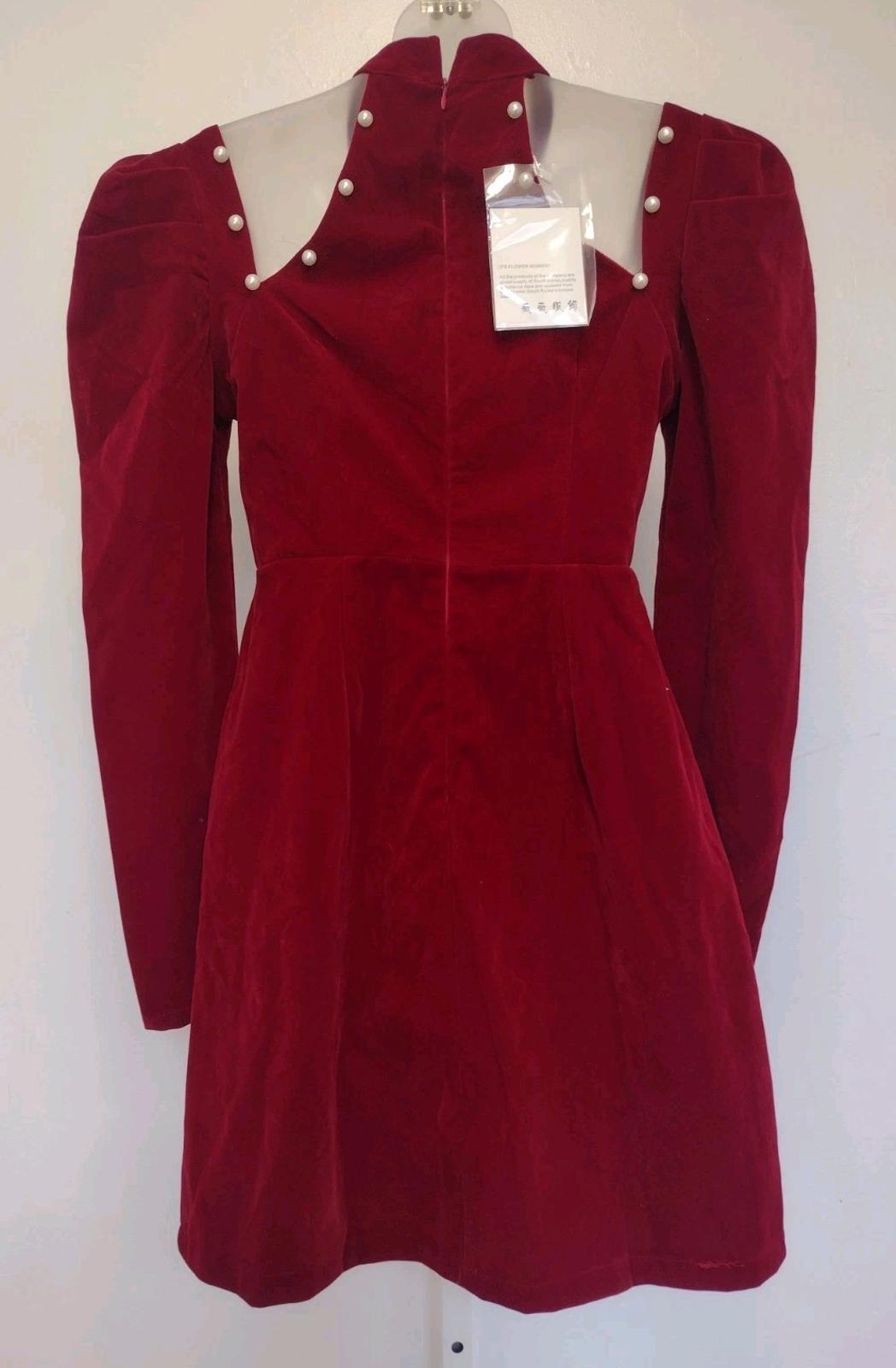 Wine Velvet Pearl Embellished Mini Dress Korean M XS‑S Victorian Inspired