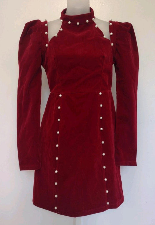 Wine Velvet Pearl Embellished Mini Dress Korean M XS‑S Victorian Inspired