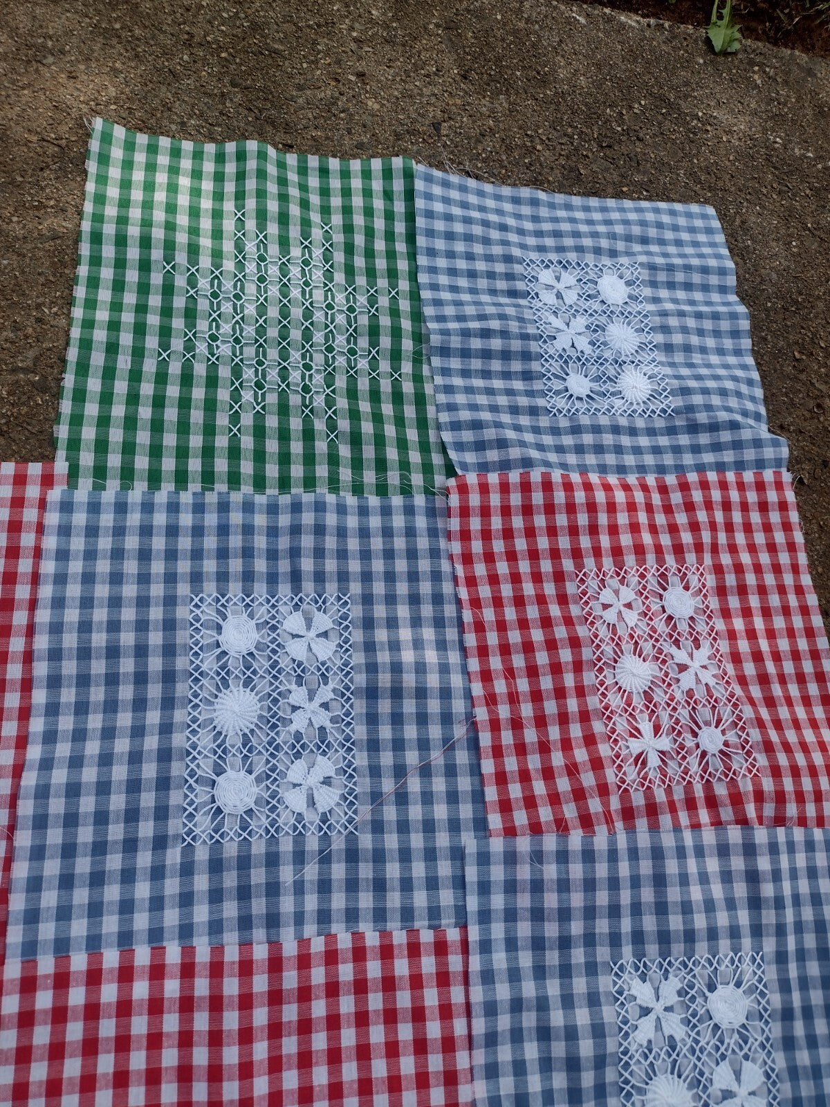 20 Vintage Chicken Scratch Gingham Quilt Blocks Hand Embroidered Folk Art