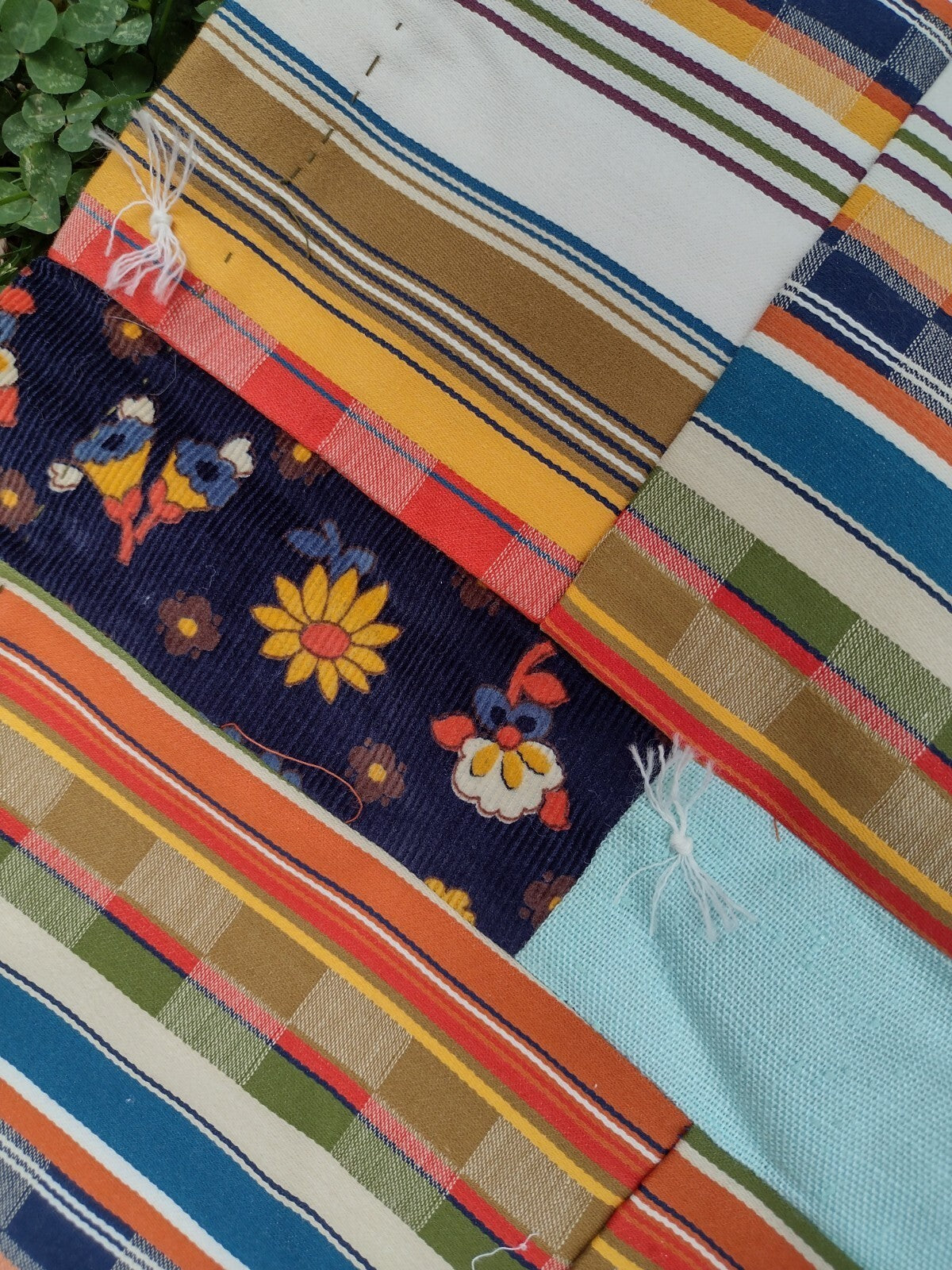 Vintage 1970s Handmade Patchwork Quilt 68x86 Tied Scrap Coverlet Retro Folk Art